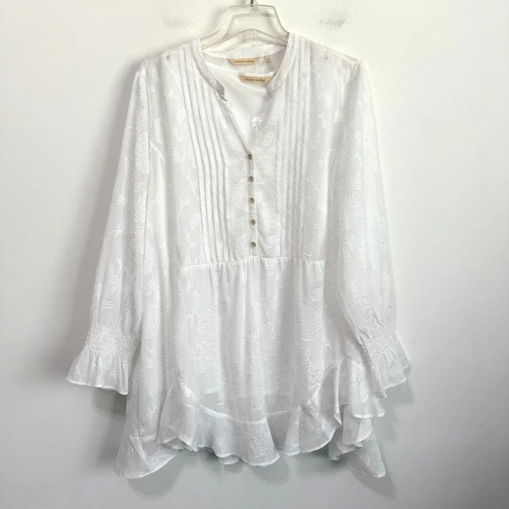 Soft Surroundings Jacquard Sheer Tunic Tank XL Blouse Floral Ruffle Long Sleeve - Picture 1 of 9